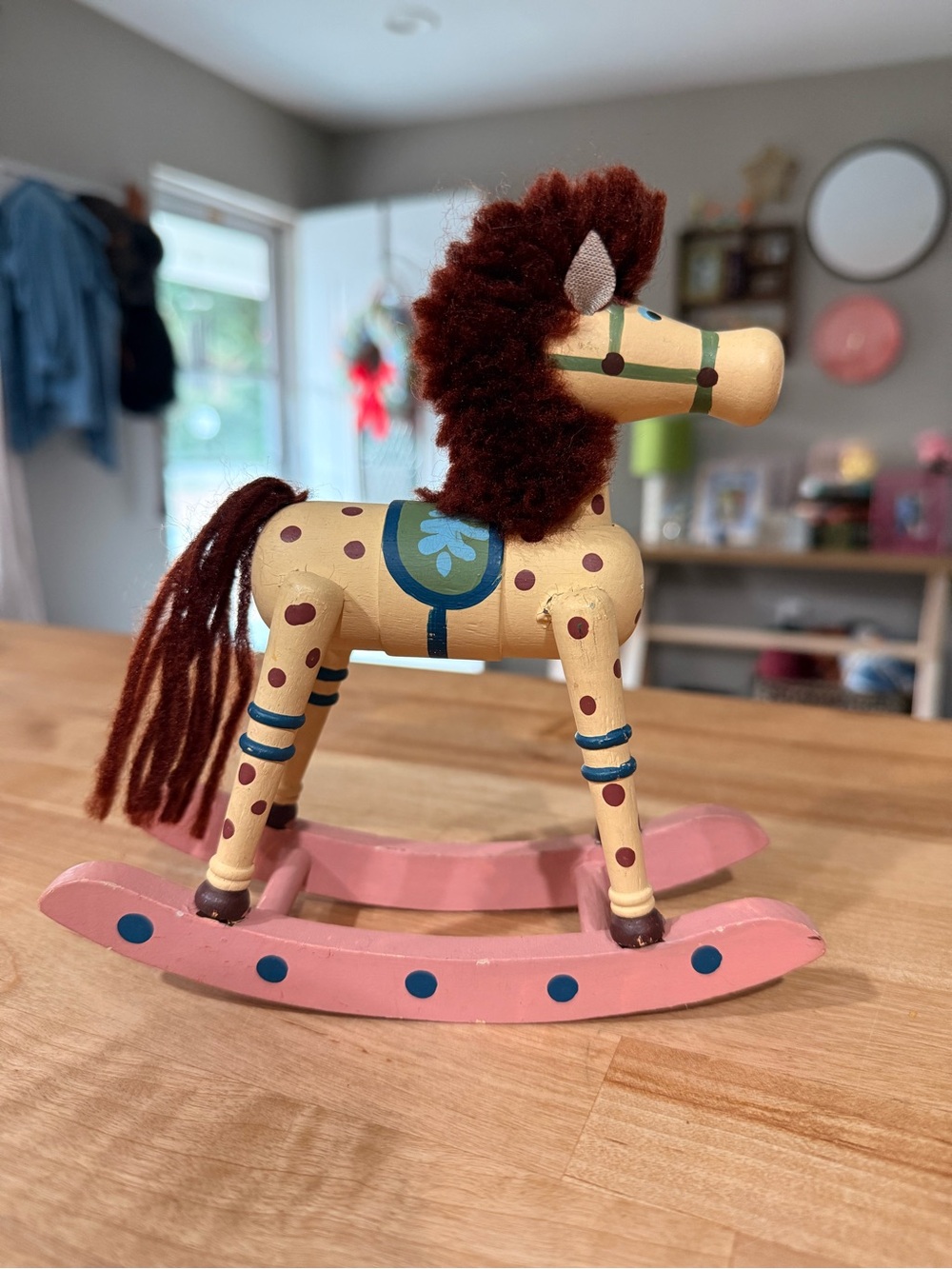 Vintage Cream and Pink Wooden Rocking Horse